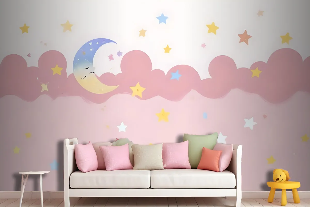 Kids Girls Pink Night With Sleeping Moon Wallpaper Mural