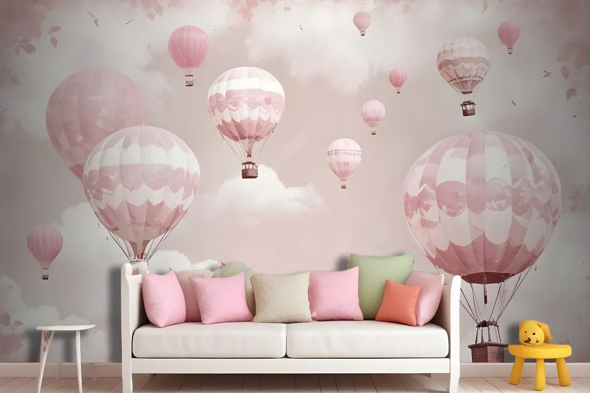 Kids Girls Pink Sky Of Hot Air Balloon Wallpaper Mural