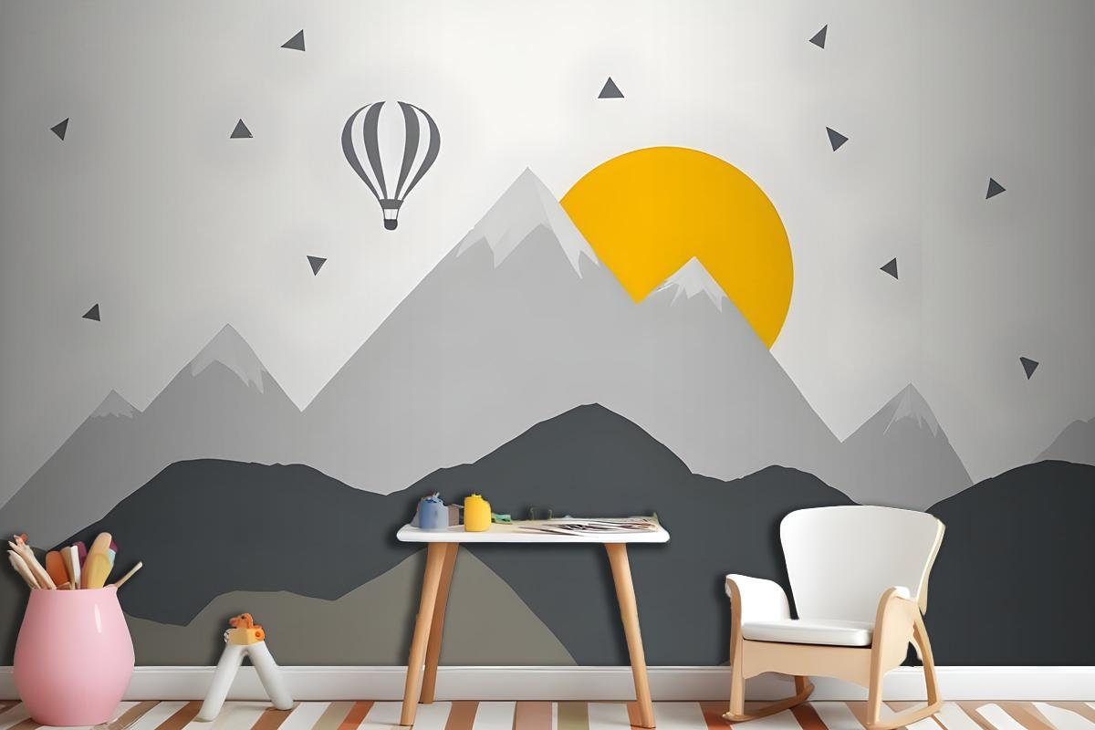 Kids Gray Geometric Mountainscape And Hot Air Balloon Wallpaper Mural