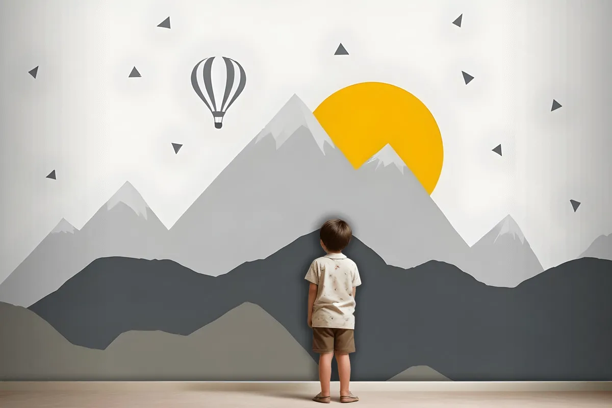 Kids Gray Geometric Mountainscape And Hot Air Balloon Wallpaper Mural