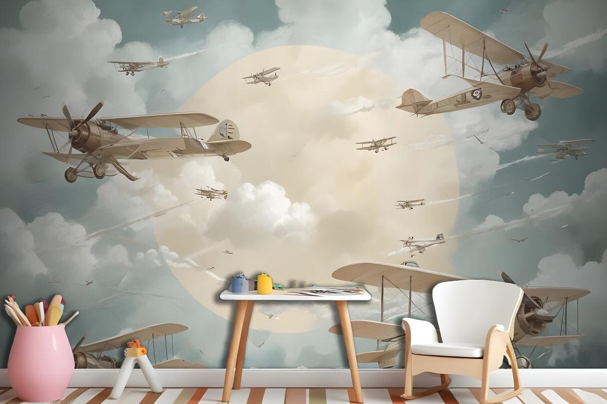 Kids Moon With Aircraft Wallpaper Mural