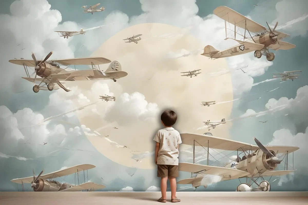 Kids Moon With Aircraft Wallpaper Mural