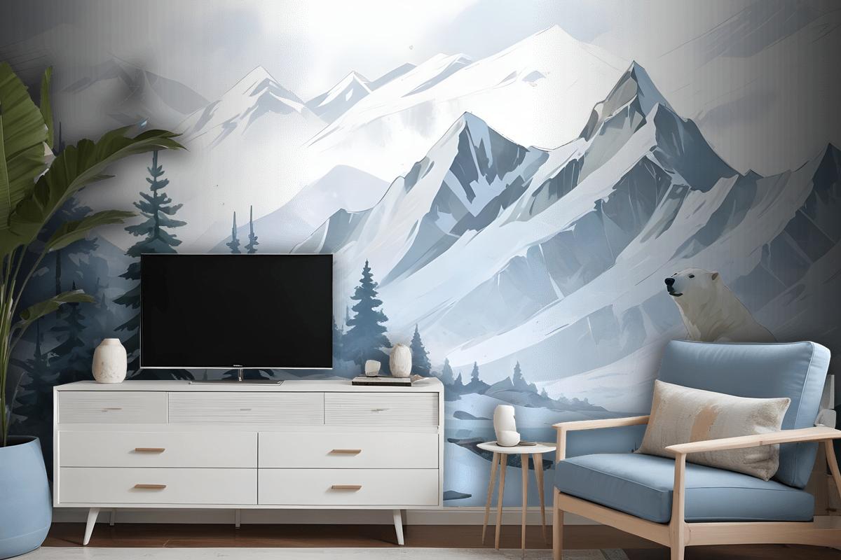 Kids Mountain Landscape With Cartoon Bear Wallpaper Mural