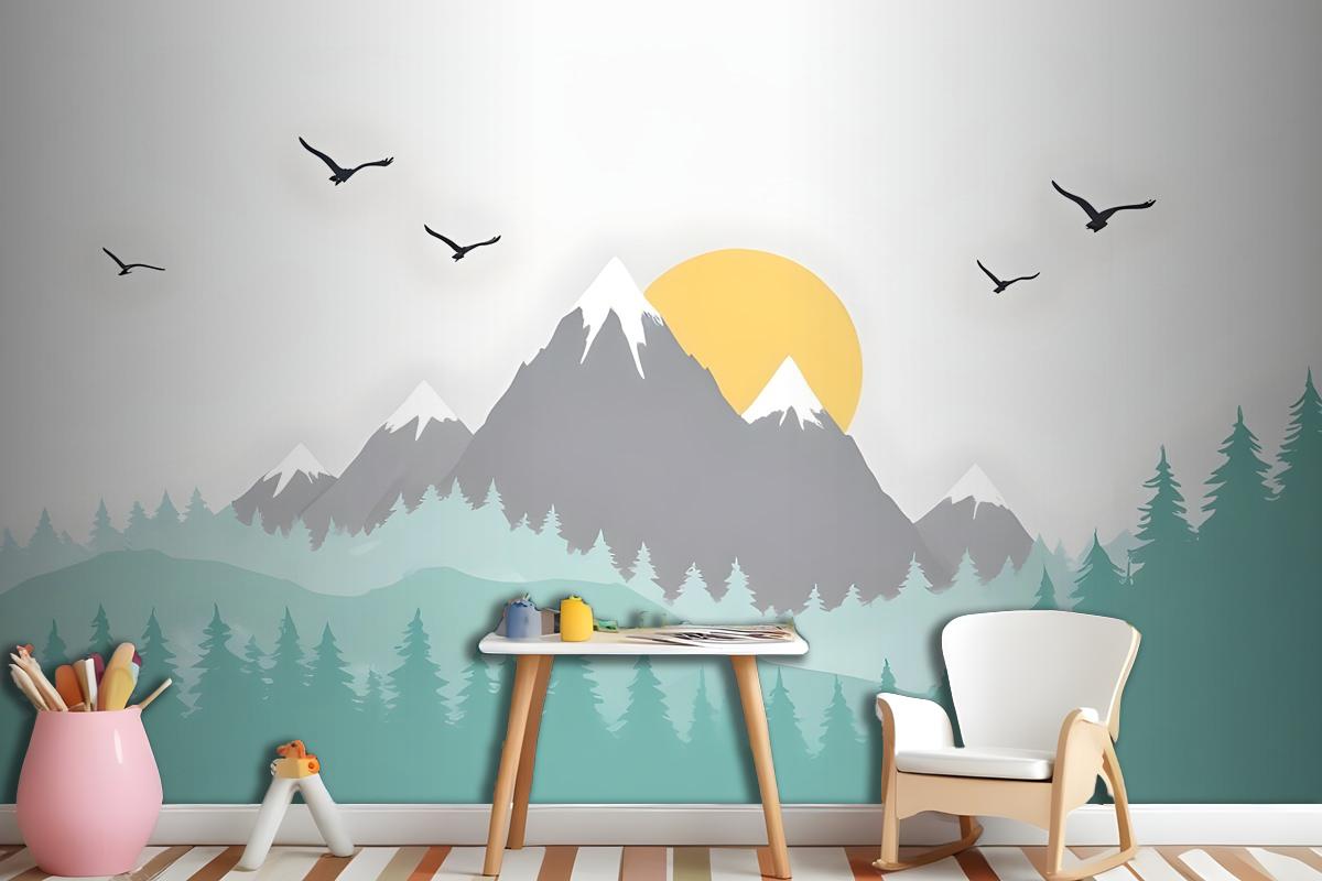 Kids Mountain Landscape With Trees Wallpaper Mural