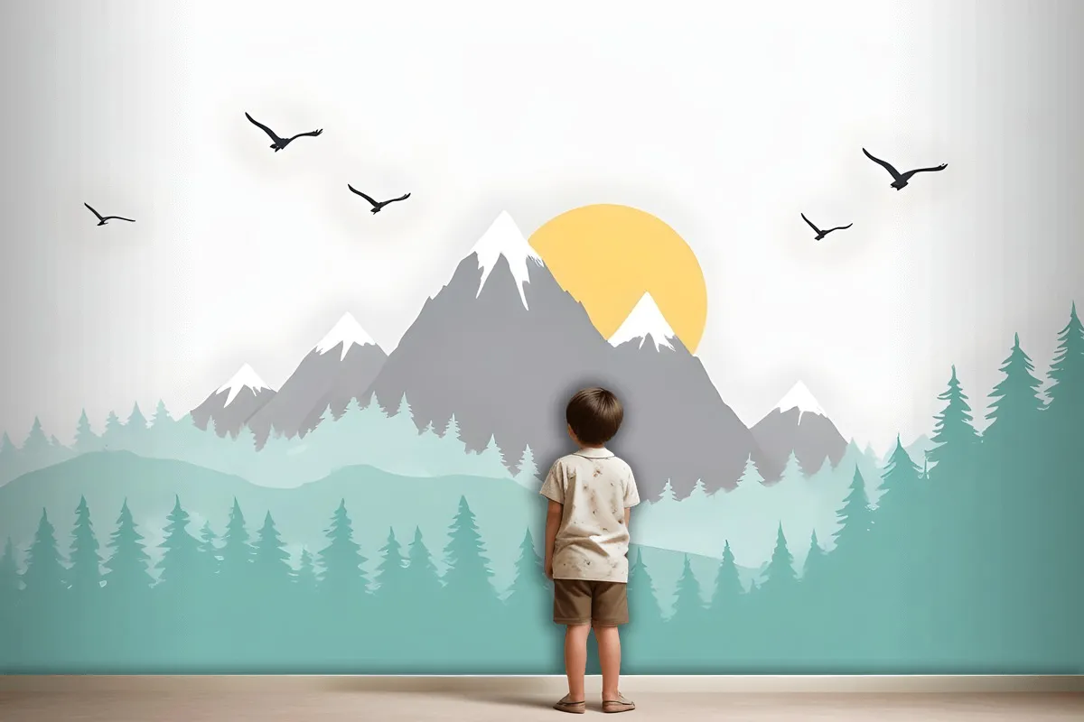 Kids Mountain Landscape With Trees Wallpaper Mural