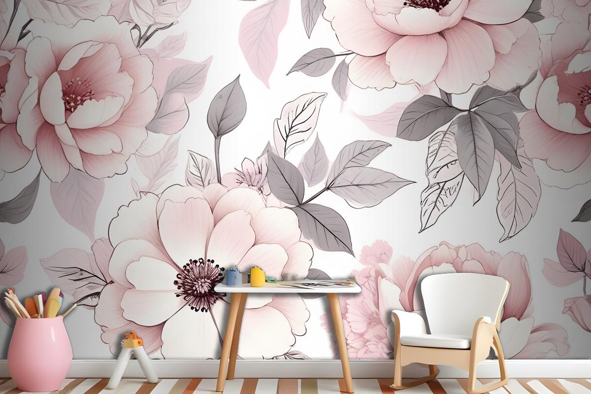 Kids Nursery Floral Pink Rose Pattern Wallpaper Mural