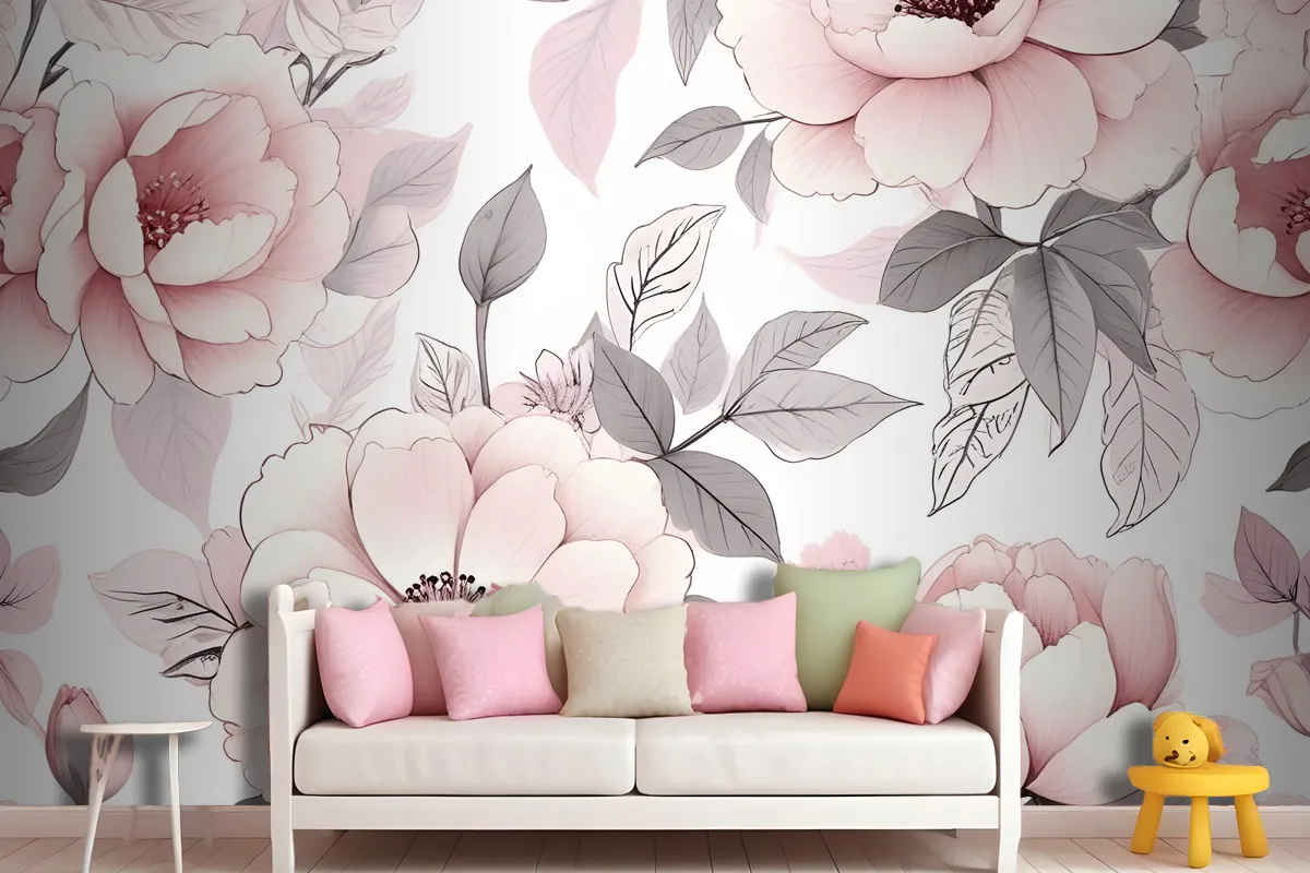 Kids Nursery Floral Pink Rose Pattern Wallpaper Mural