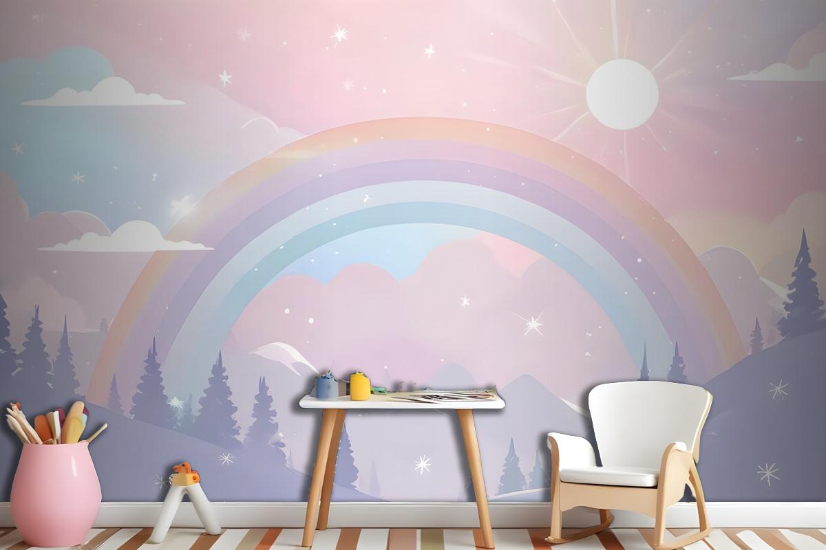 Kids Nursery Rainbow With Colorful Mountains And Shiny Stars Wallpaper Mural