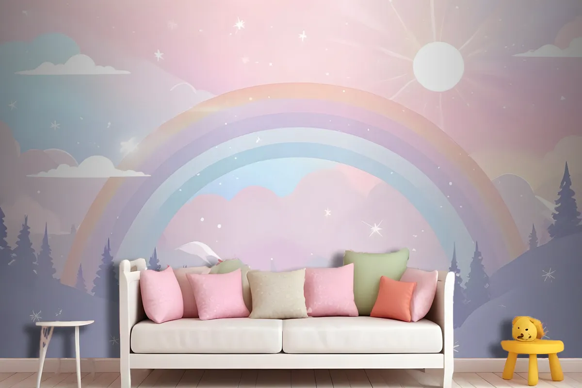 Kids Nursery Rainbow With Colorful Mountains And Shiny Stars Wallpaper Mural