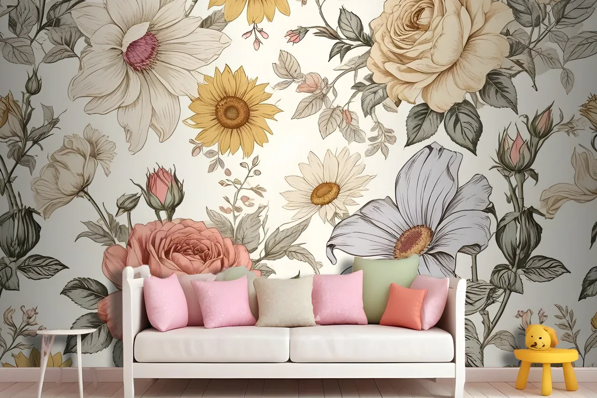 Kids Peony And Daisy Floral Wallpaper Mural