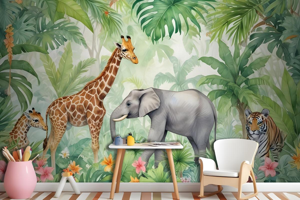 Kids Safari Watercolor Tropical Forest Jungle Animals Wallpaper Mural