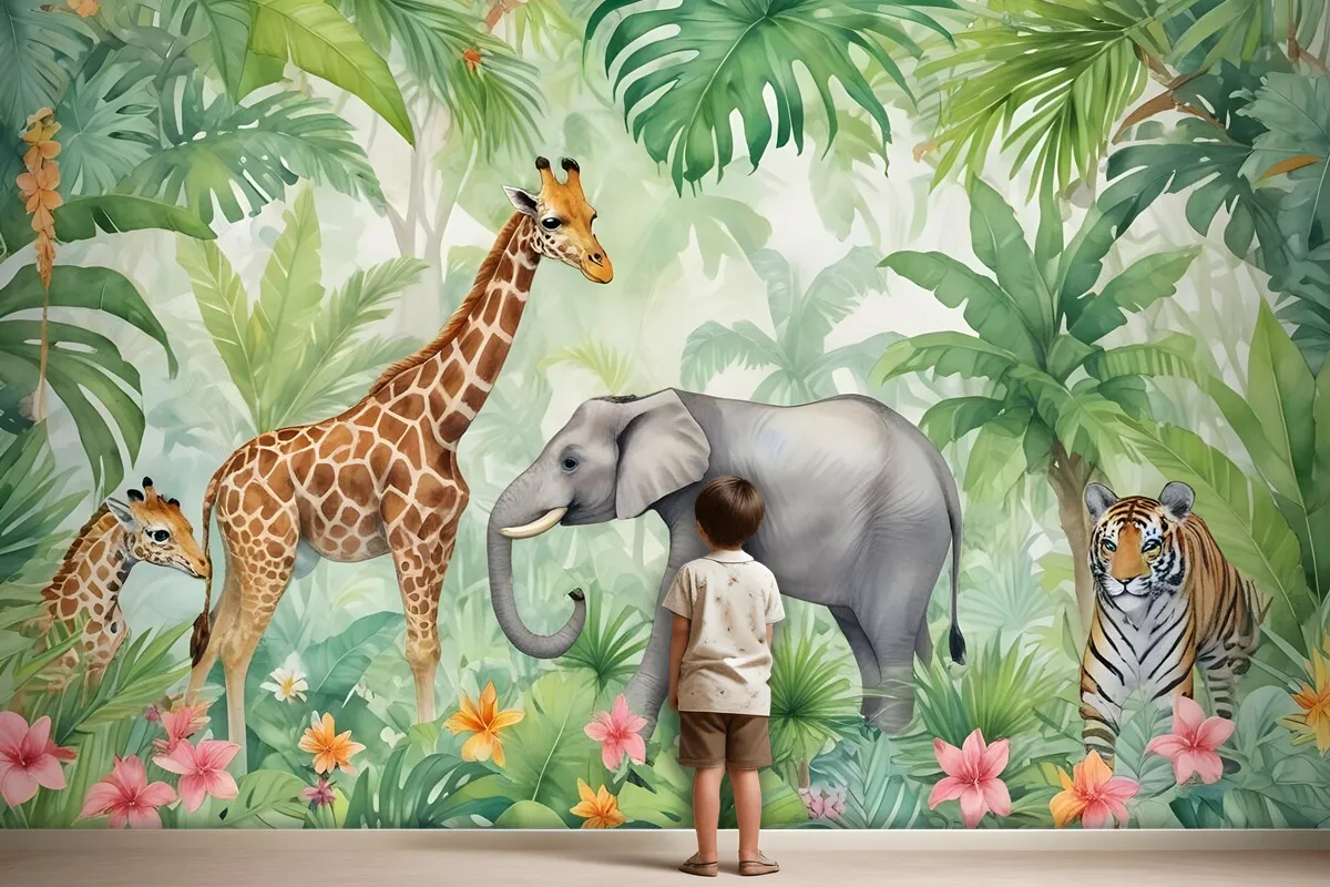 Kids Safari Watercolor Tropical Forest Jungle Animals Wallpaper Mural