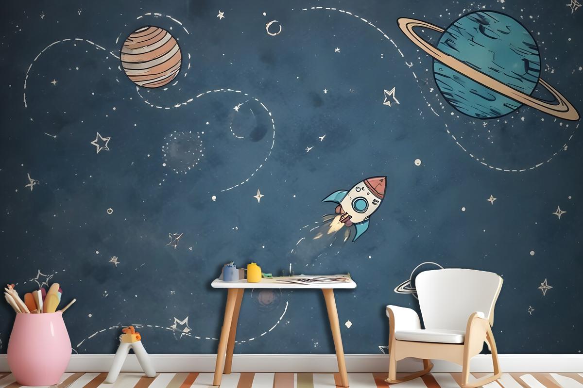 Kids Shining Cartoon Space With White Stripe Wallpaper Mural