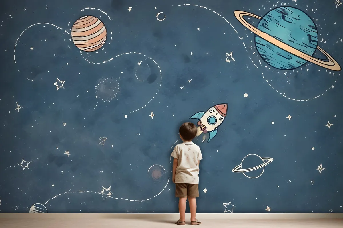 Kids Shining Cartoon Space With White Stripe Wallpaper Mural