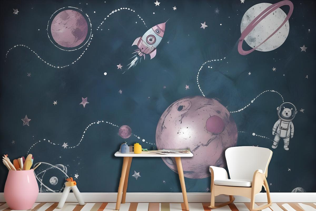 Kids Shining Space With Watercolor Bear Astronaut Wallpaper Mural