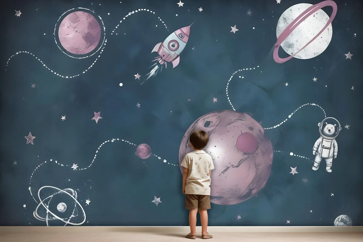 Kids Shining Space With Watercolor Bear Astronaut Wallpaper Mural