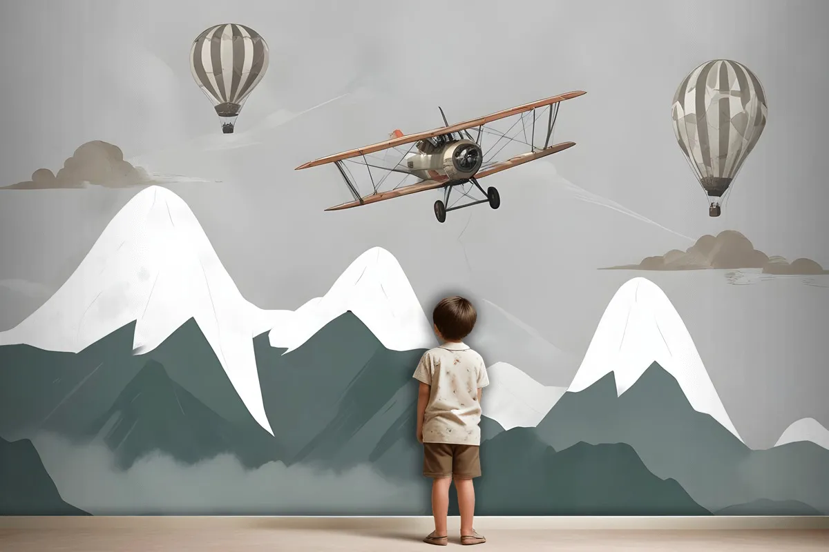 Kids Snowy Mountain With Plane And Balloons Wallpaper Mural