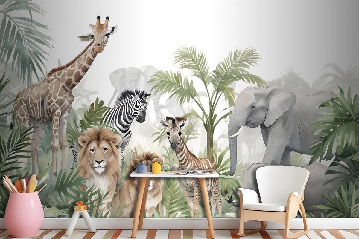 Kids Tropical Animals With Leafs Wallpaper Mural