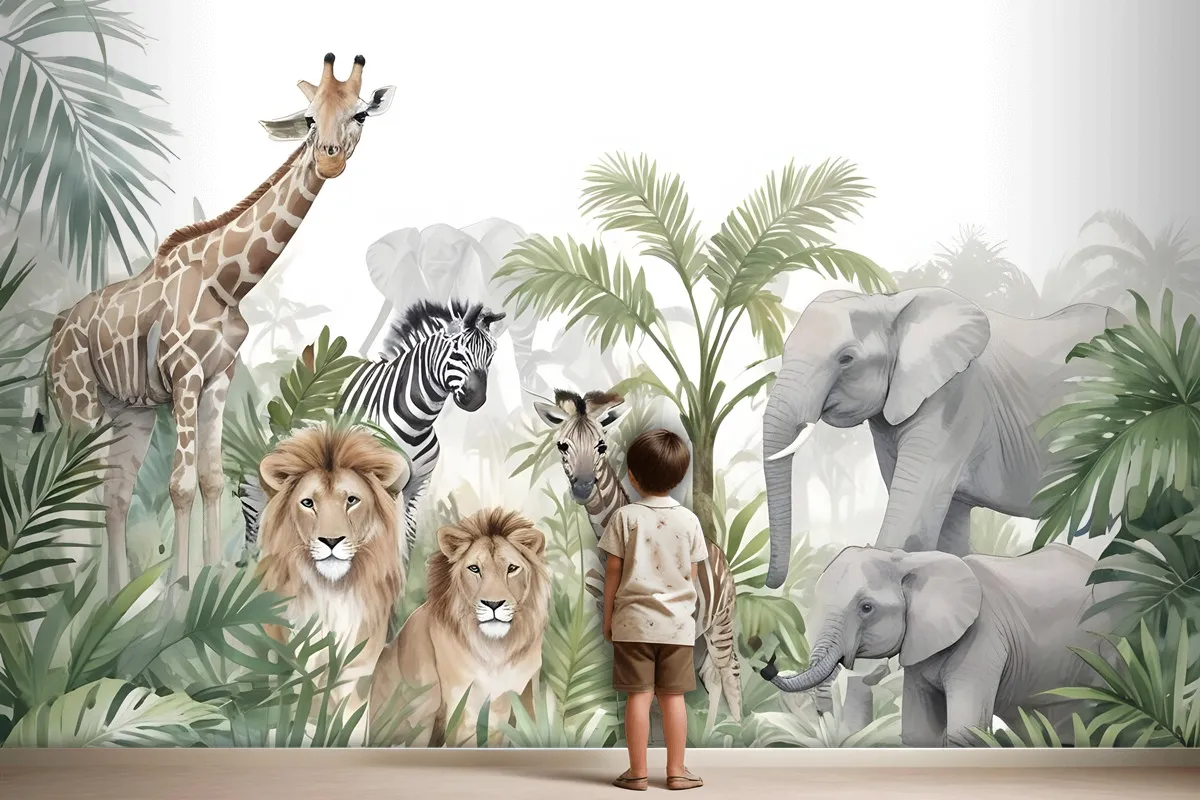 Kids Tropical Animals With Leafs Wallpaper Mural