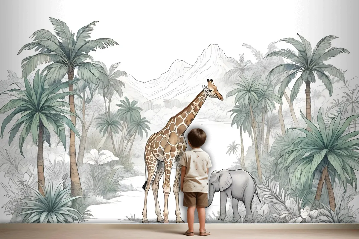 Kids Tropical Animals With Mountain Wallpaper Mural