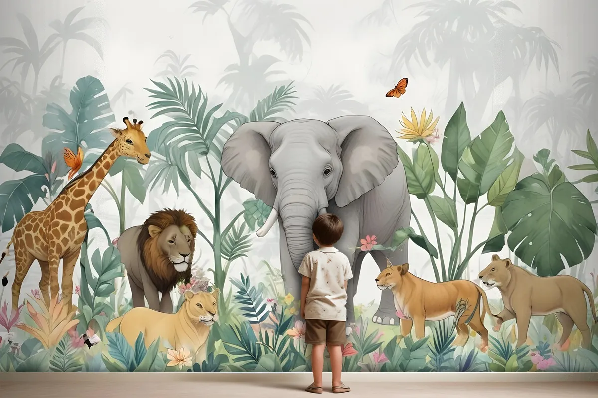 Kids Tropical Safari Animals With Green Leafs Wallpaper Mural