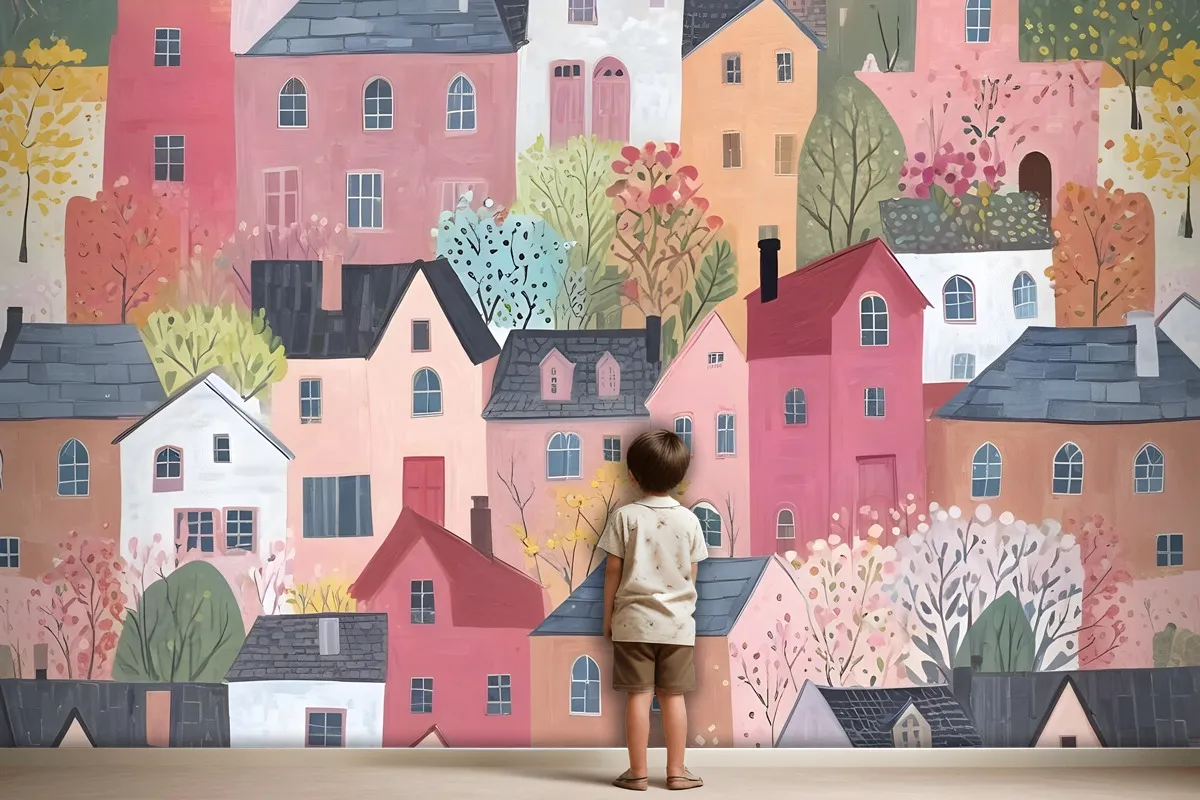 Kids Watercolor Cute Town House Wallpaper Mural