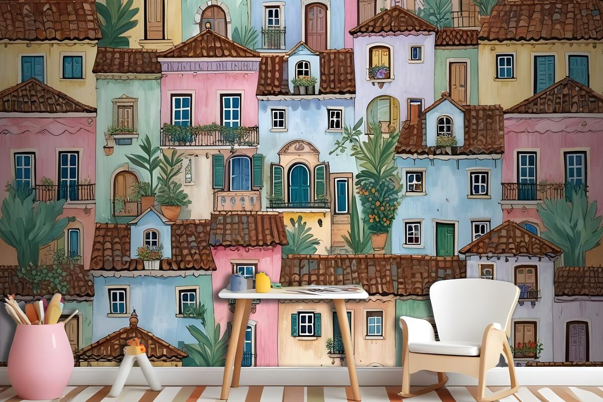 Kids Watercolor Medieval House With Plants Wallpaper Mural