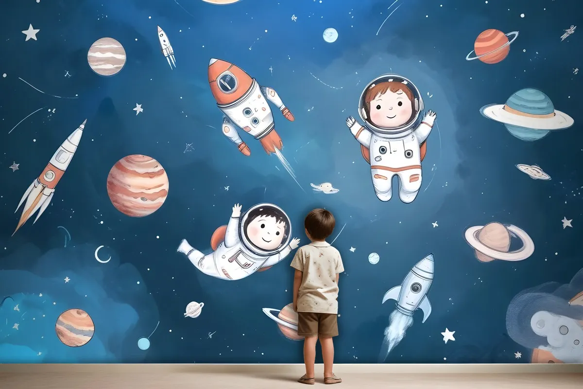 Kids Watercolor Space With Planets Wallpaper Mural