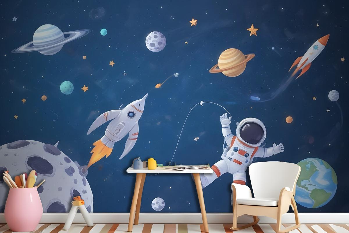 Kids Watercolor Space With Spaceship And Astronaut Wallpaper Mural