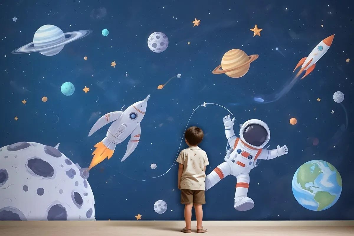 Kids Watercolor Space With Spaceship And Astronaut Wallpaper Mural