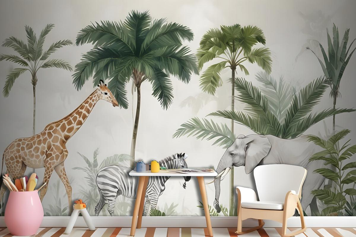 Kids Wild Tropical Animals With Palm Trees Wallpaper Mural