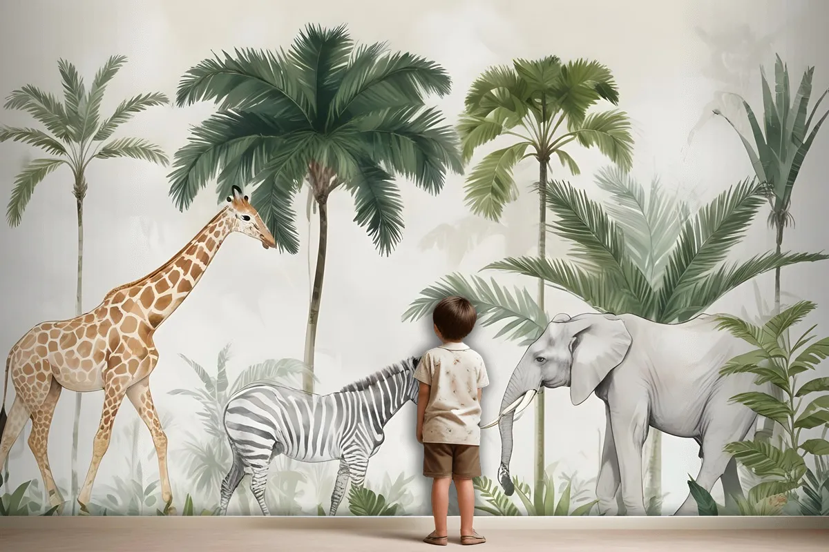 Kids Wild Tropical Animals With Palm Trees Wallpaper Mural