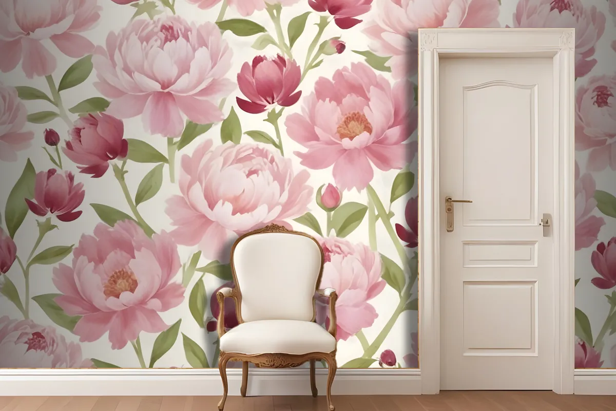 Large Pink Peony Flowers With Green Leaves On A Light Wallpaper Mural