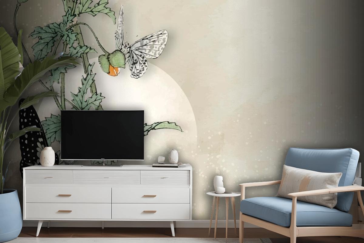 Leafy Butterfly Frame Design Wallpaper Mural