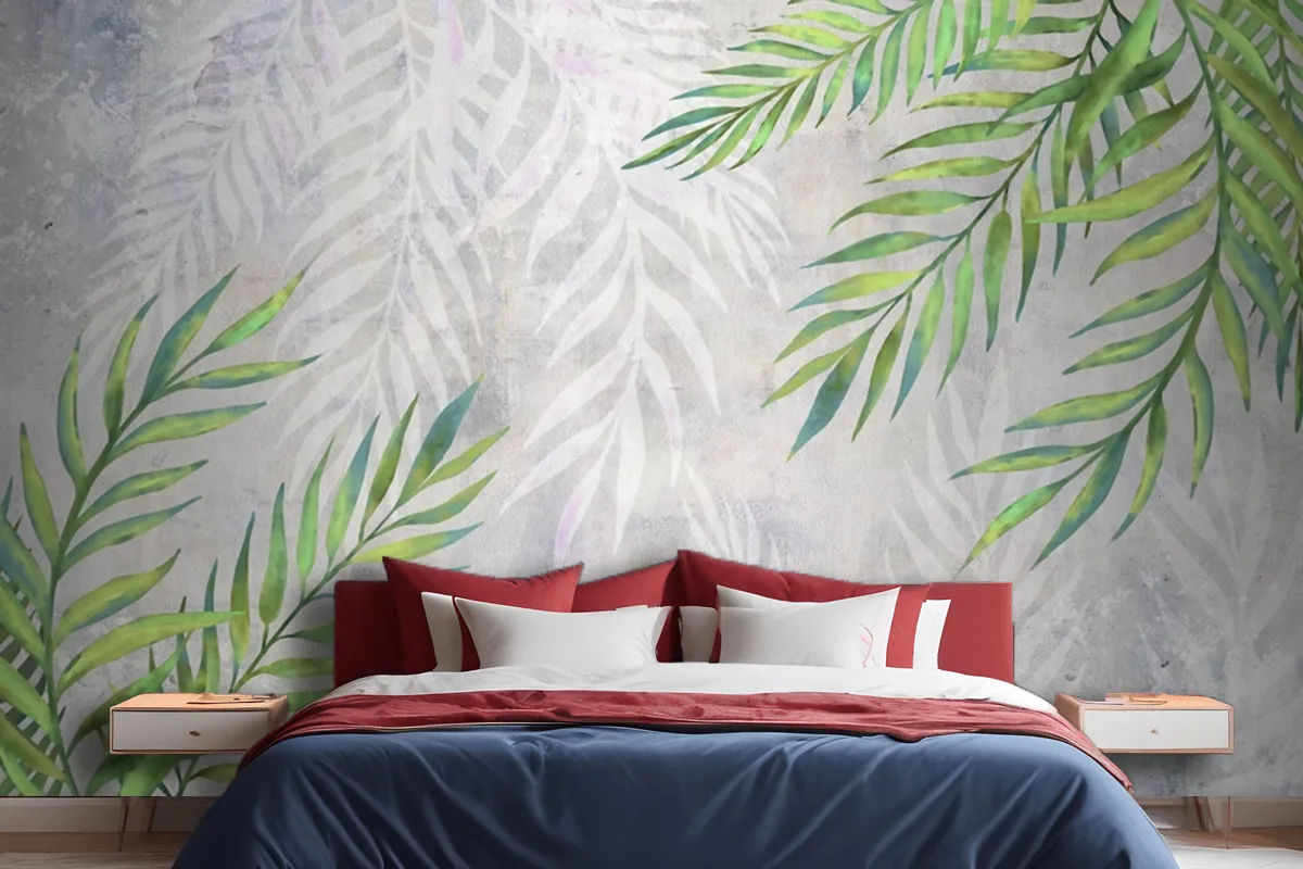 Leaves In The Corners On A Light Textured Wallpaper Mural