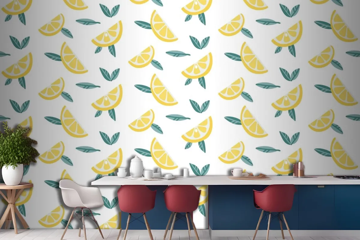 Lemon Fruit Slices With Leaves Seamless Pattern  Wallpaper Mural