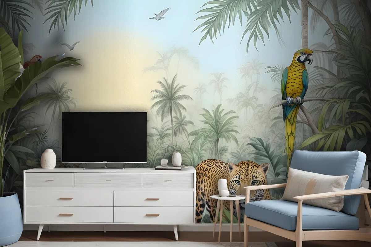 Leopard And Colorful Parrot In The Tropical Forest Wallpaper Mural