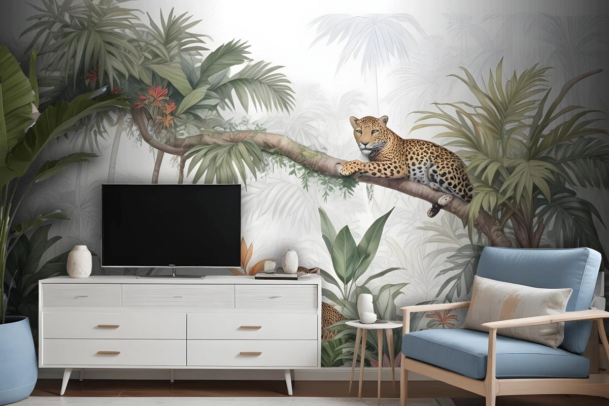 Leopards And Tropical Leaves Wallpaper Mural