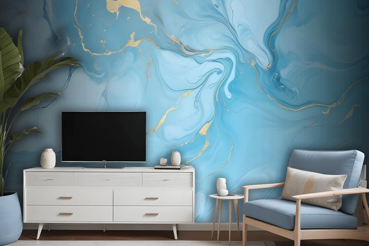 Light Blue Marble With Gold Look Splash Wallpaper Mural