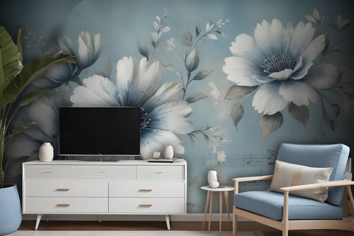 Light Floral With Music Notes Wallpaper Mural