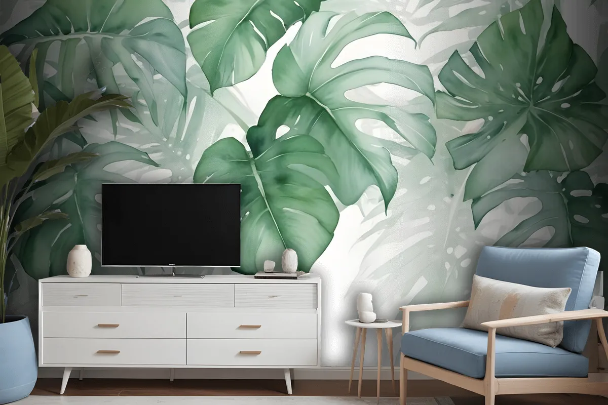 Light Green Tropical Leaves Wallpaper Mural