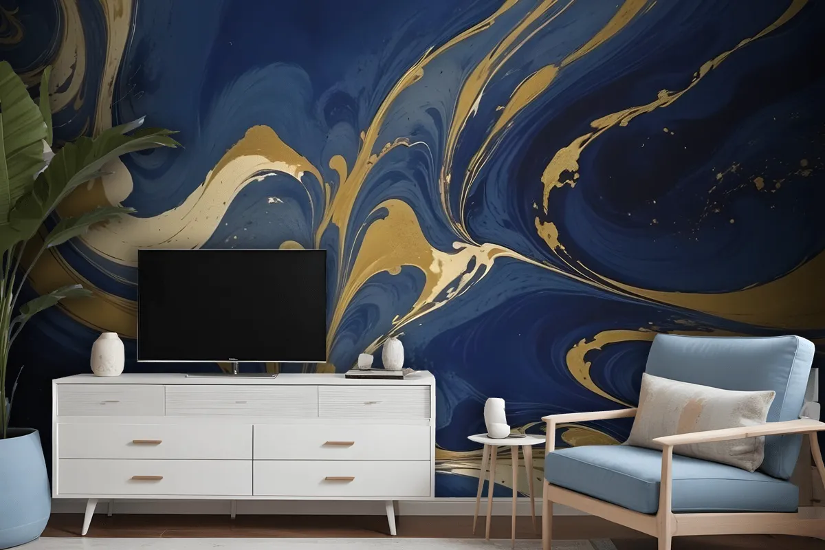 Liquid Abstract Marble Art Gold Blue Gradient Wallpaper Mural