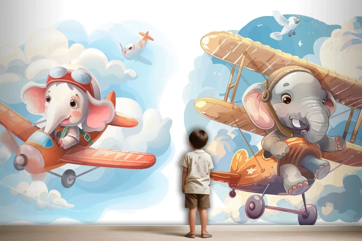 Little Elephant On Plane Wallpaper Mural