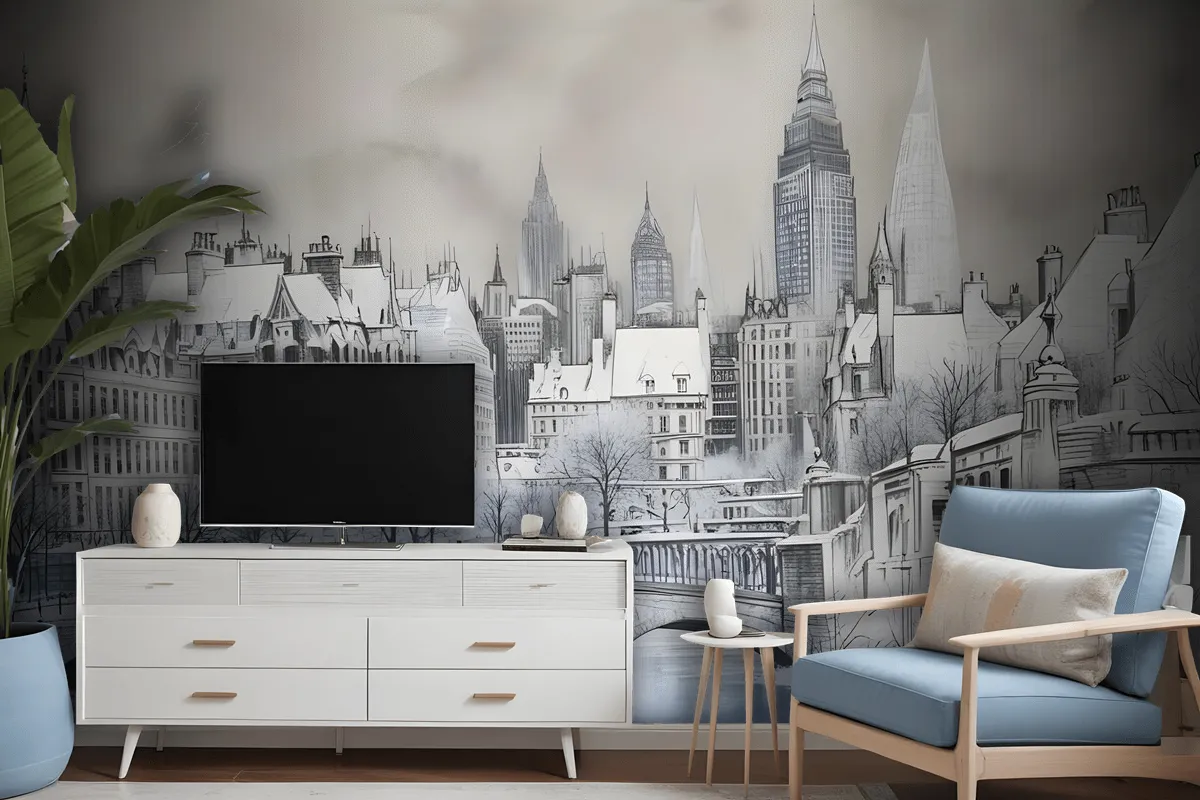 London Charcoal Drawing City Wallpaper Mural