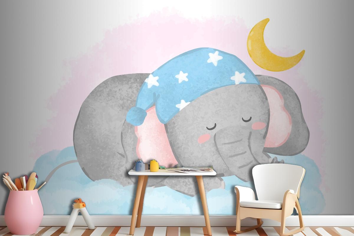 Lovely Elephant Sleeping On The Cloud In Painting Watercolor Wallpaper Mural