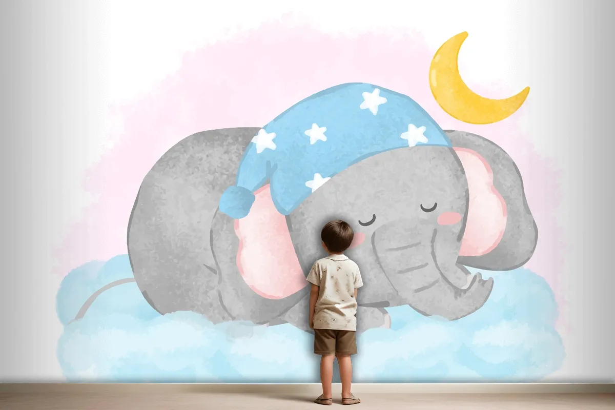 Lovely Elephant Sleeping On The Cloud In Painting Watercolor Wallpaper Mural