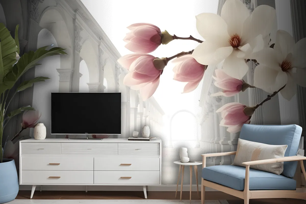 Magnolia Blossom With Column Wallpaper Mural