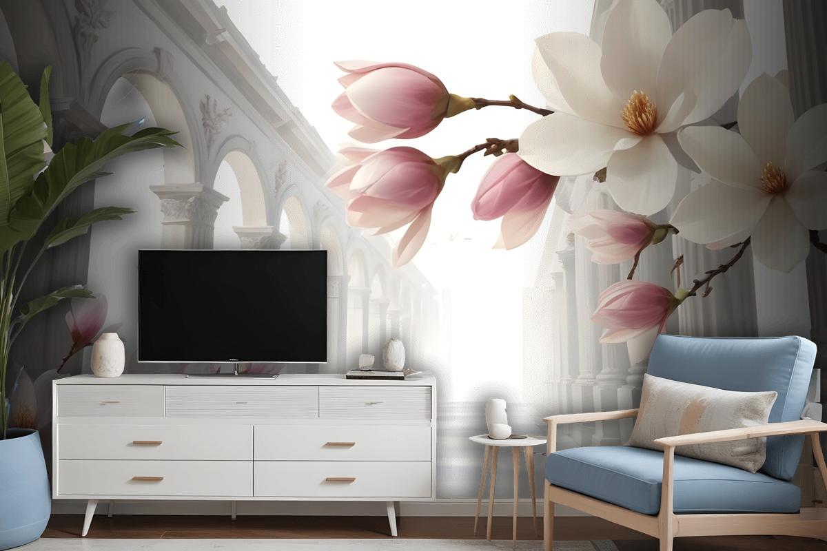 Magnolia Blossom With Column Wallpaper Mural