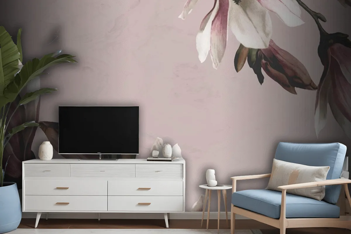 Magnolia Border On Beige Background Wallpaper Mural