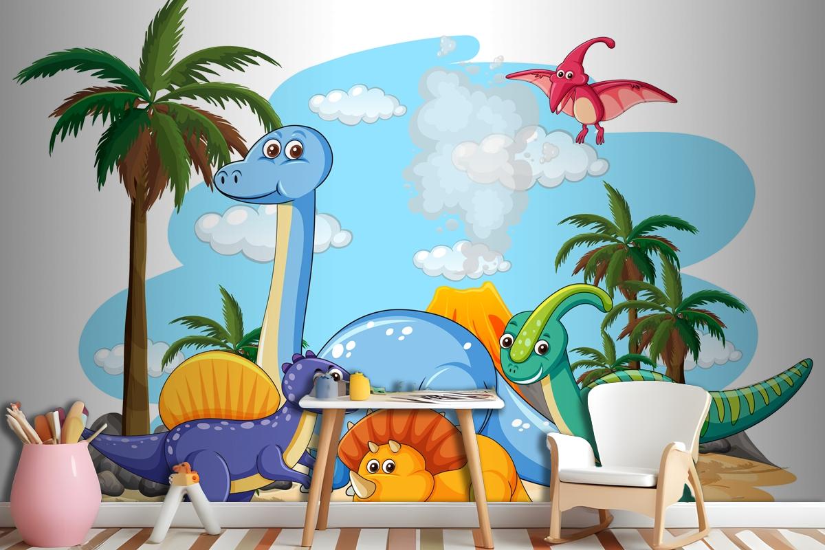 Many Cute Dinosaurs Character In Prehistoric Land Isolated Wallpaper Mural